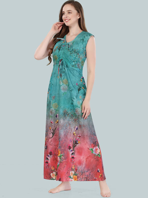 Be You Women Turquoise Blue Printed Maxi Nightdress BUF-GOWN-2361