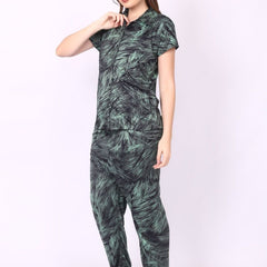 Be You Women Green Satin Shirt Collar Short Sleeves Causal Night Suit