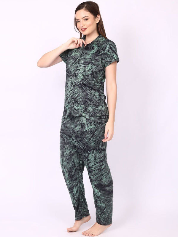 Be You Women Green Satin Shirt Collar Short Sleeves Causal Night Suit