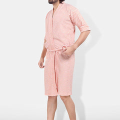 Be You Peach Striped Cotton Drawstring Knee Length Bath Robe-3XL