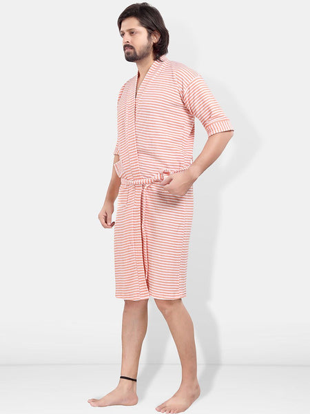 Be You Peach Striped Cotton Drawstring Knee Length Bath Robe-3XL