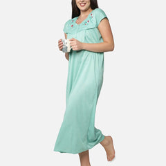 Be You Women Green Embroidered Maxi Maternity Nightdress