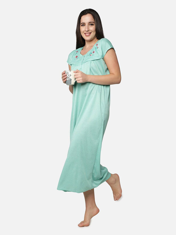 Be You Women Green Embroidered Maxi Maternity Nightdress