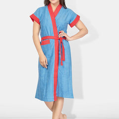 Be You Blue Solid Cotton Drawstring Knee Length Bath Robe