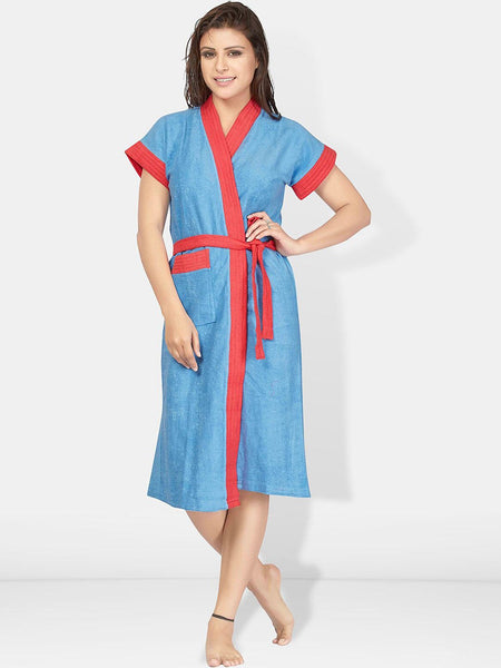 Be You Blue Solid Cotton Drawstring Knee Length Bath Robe
