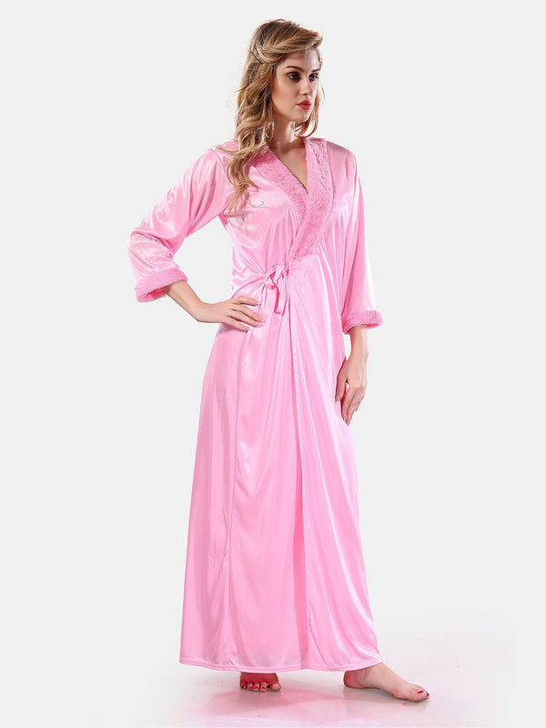 Be You V Neck Lace Up Details Satin Nightdress With Robe