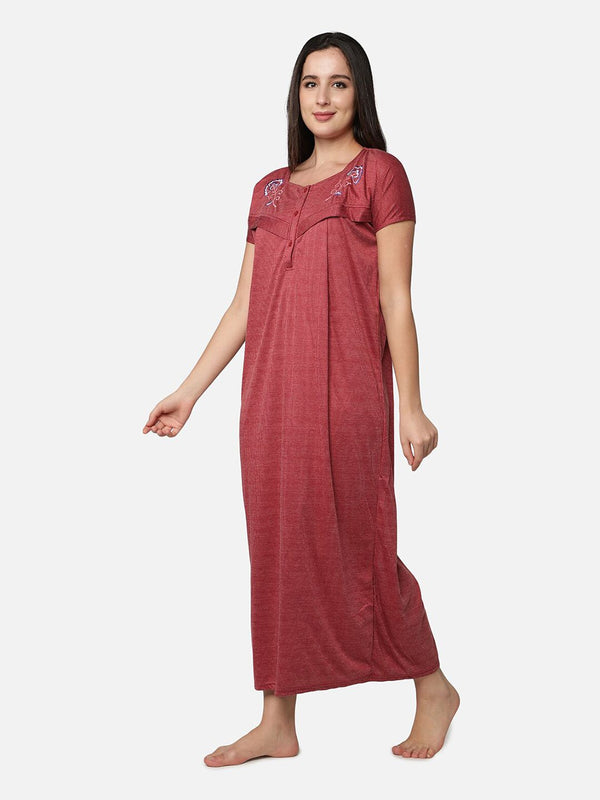 Be You Maroon Cotton Striped Maternity / Feeding  Gown for Women