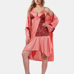 Be You Solid Lace Details Satin Nighty with Robe