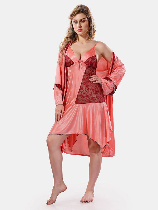 Be You Solid Lace Details Satin Nighty with Robe