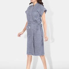 Be You Navy Blue Striped Cotton Drawstring Knee Length Bath Robe-2XL