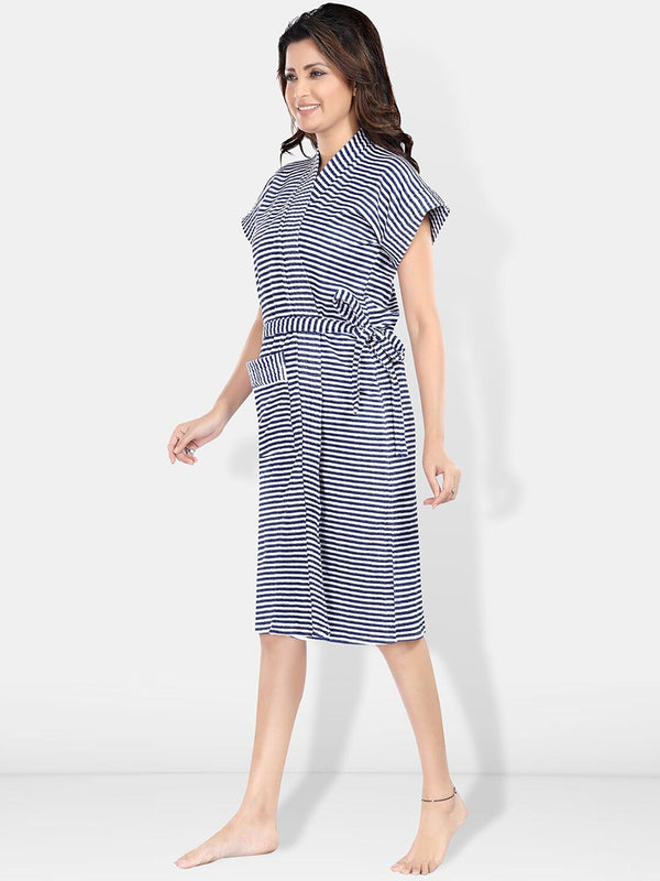 Be You Navy Blue Striped Cotton Drawstring Knee Length Bath Robe-2XL