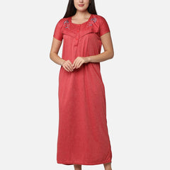 Be You Women Red Embroidered Maxi Maternity Nightdress
