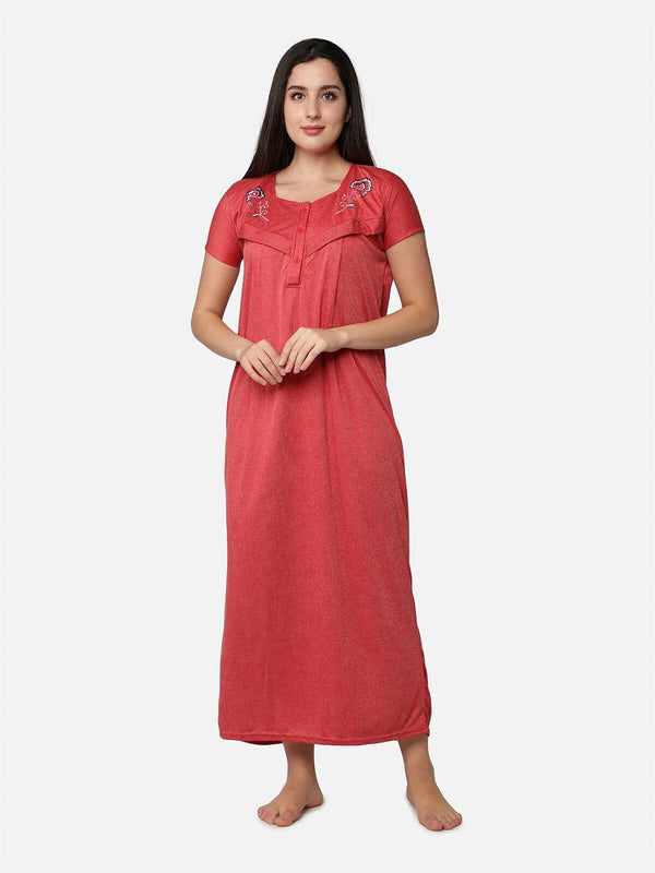 Be You Women Red Embroidered Maxi Maternity Nightdress
