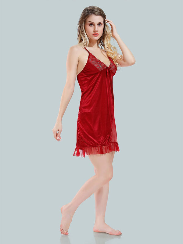 Be You Solid Lace Details Satin Nighty with Robe