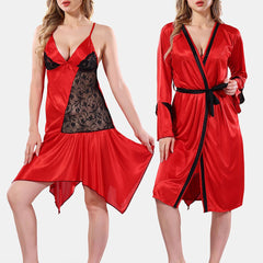 Be You Solid Lace Details Satin Nighty with Robe