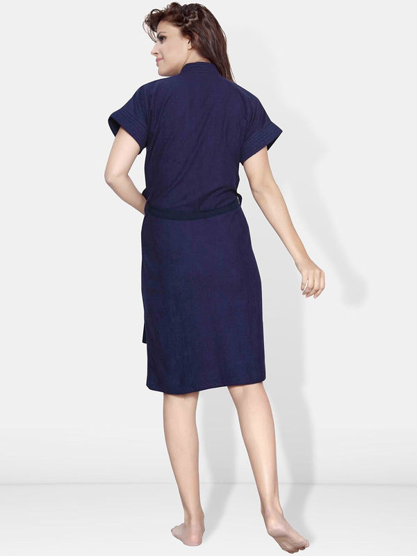 Be You Navy Blue Solid Cotton Drawstring Knee Length Bath Robe
