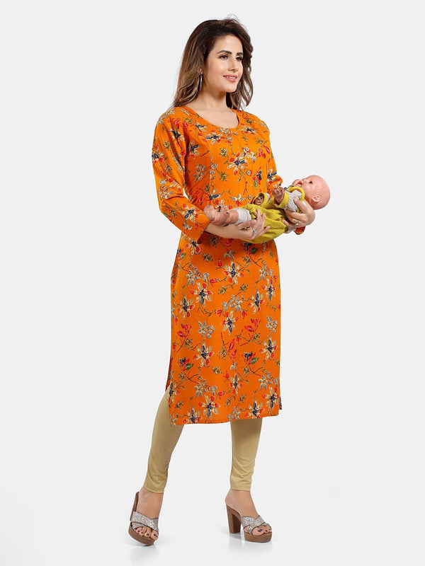 Be You Floral Printed Round Neck Maternity Straight Kurta