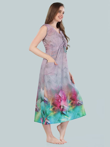 Be You Women Grey & Green Printed Nightdress