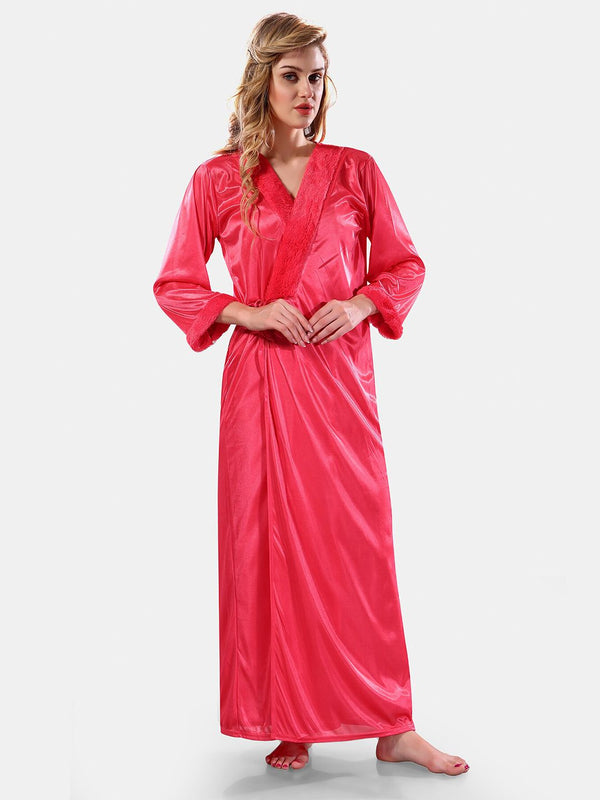 Be You V Neck Lace Up Details Satin Maxi Nightdress With Robe