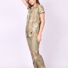 Be You Women Olive Satin Printed Night suit