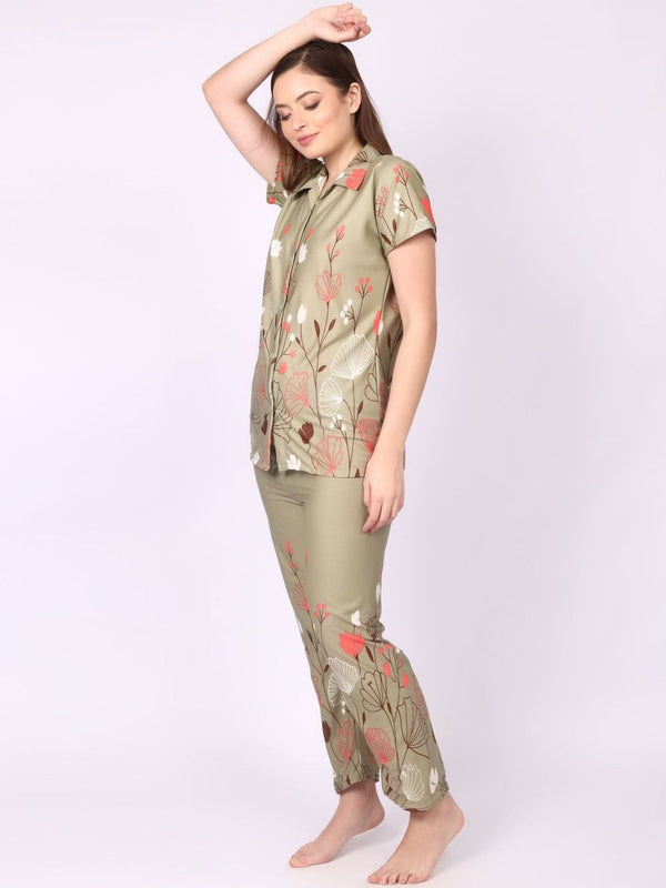 Be You Women Olive Satin Printed Night suit