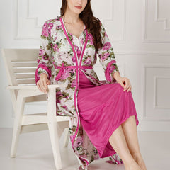 Be You Floral Printed Shoulder Straps Satin Maxi Nightdress With Robe