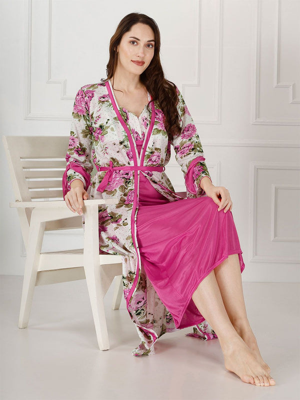 Be You Floral Printed Shoulder Straps Satin Maxi Nightdress With Robe