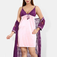 Be You Self Design Satin Nightdress With Robe
