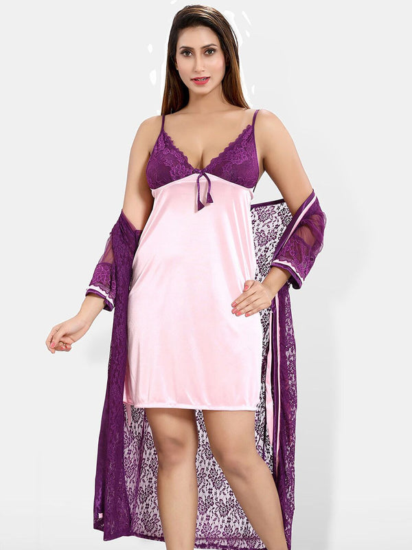 Be You Self Design Satin Nightdress With Robe
