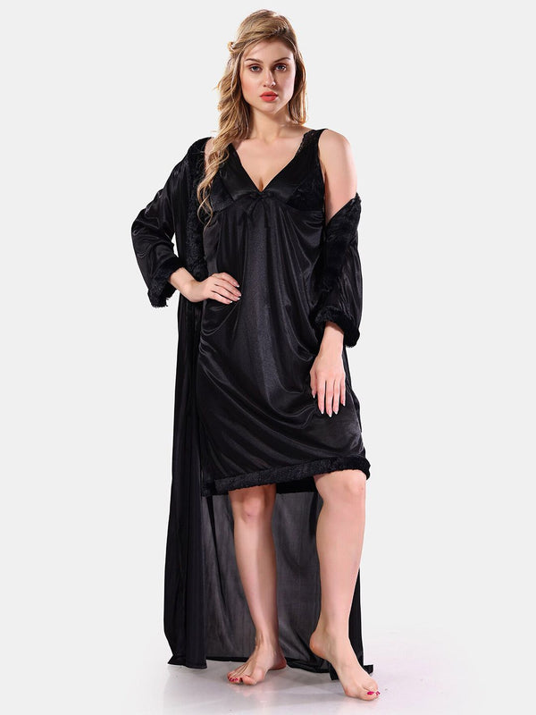 Be You V-Neck Lace Up Details Satin Maxi Nightdress With Robe