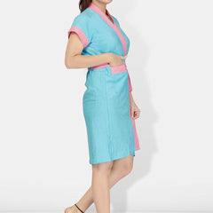 Be You Turquoise Blue Solid Cotton Drawstring Knee Length Bath Robe-L/XL