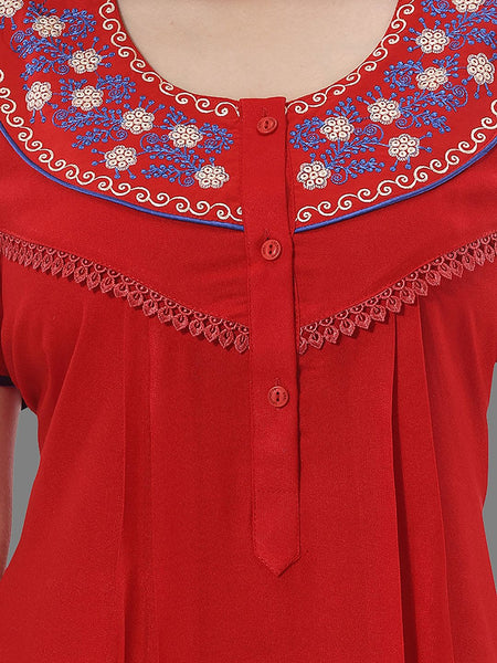 Be You Women Red Embroidered Maxi Nightdress