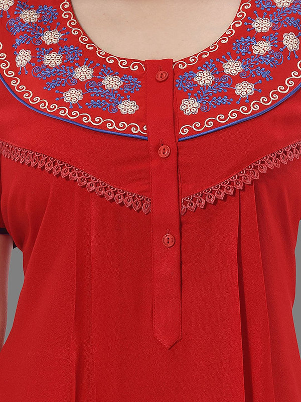 Be You Women Red Embroidered Maxi Nightdress