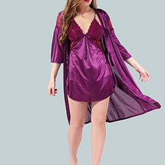 Be You Solid Lace Details Satin Nighty with Robe