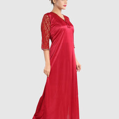 Be You Women Solid Satin Three-Quarter Sleeves Maxi Everyday Nightdress