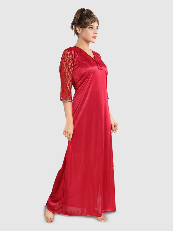 Be You Women Solid Satin Three-Quarter Sleeves Maxi Everyday Nightdress