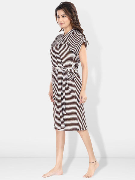 Be You Brown Striped Cotton Drawstring Knee Length Bath Robe-2XL