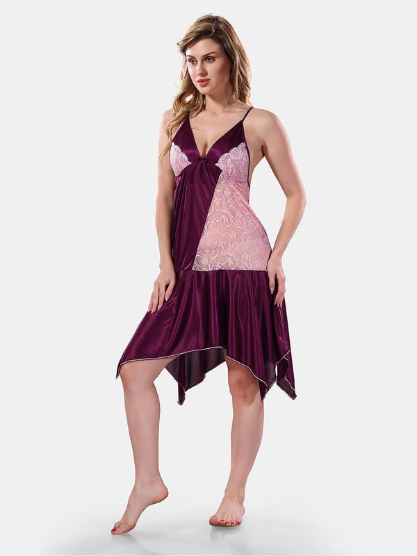 Be You Solid Lace Details Satin Nighty with Robe