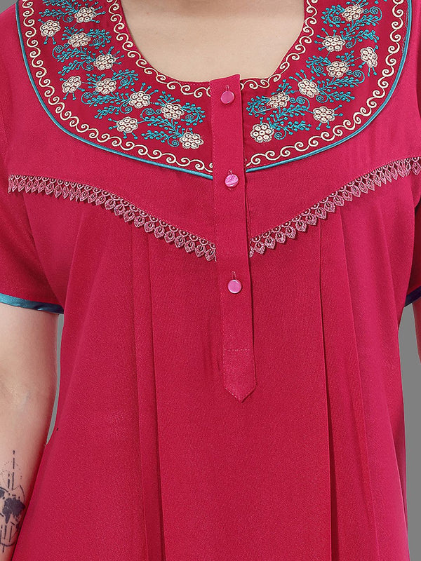 Be You Women Pink Embroidered Maxi Nightdress