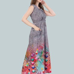 Be You Women Grey Geometric Printed Maxi Nightdress