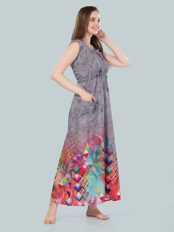 Be You Women Grey Geometric Printed Maxi Nightdress
