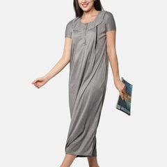 Be You Women Grey Printed Maxi Maternity Nightdress