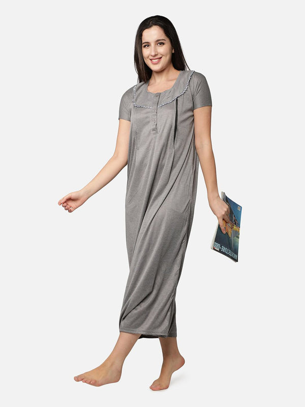 Be You Women Grey Printed Maxi Maternity Nightdress