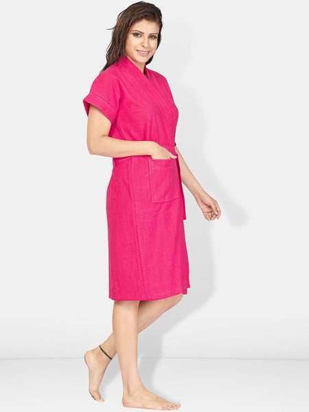 Be You Pink Solid Cotton Drawstring Knee Length Bath Robe