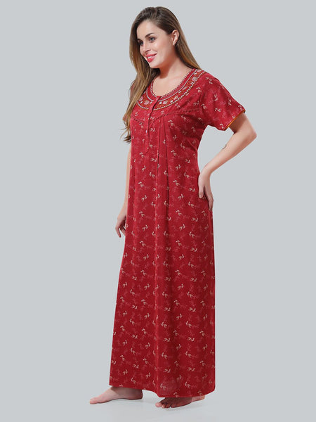 Be You Maroon Embroidered Maxi Nightdress