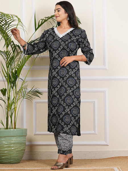 Be You Bandhani Printed V-Neck Straight Kurta With Salwar