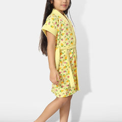 Be You Strawberry Printed Yellow Conversational Cotton Drawstring Knee Length Bath Robe