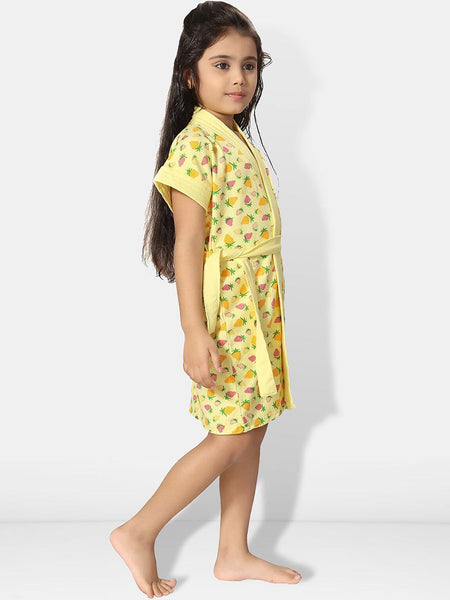 Be You Strawberry Printed Yellow Conversational Cotton Drawstring Knee Length Bath Robe