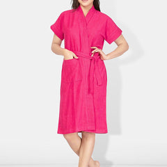 Be You Pink Solid Cotton Drawstring Knee Length Bath Robe-L/XL
