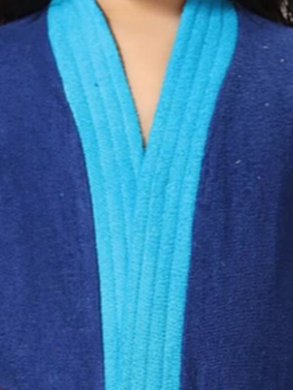 Be You Two-Tone Blue Solid Cotton Drawstring Knee Length Bath Robe